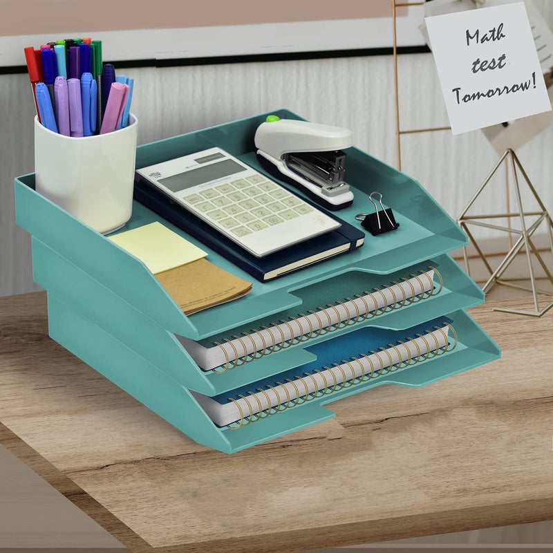 Acrimet Stackable Letter Tray 3 Tier Side Load, Plastic, Desktop File Organizer (Solid Green Color) - Image 2